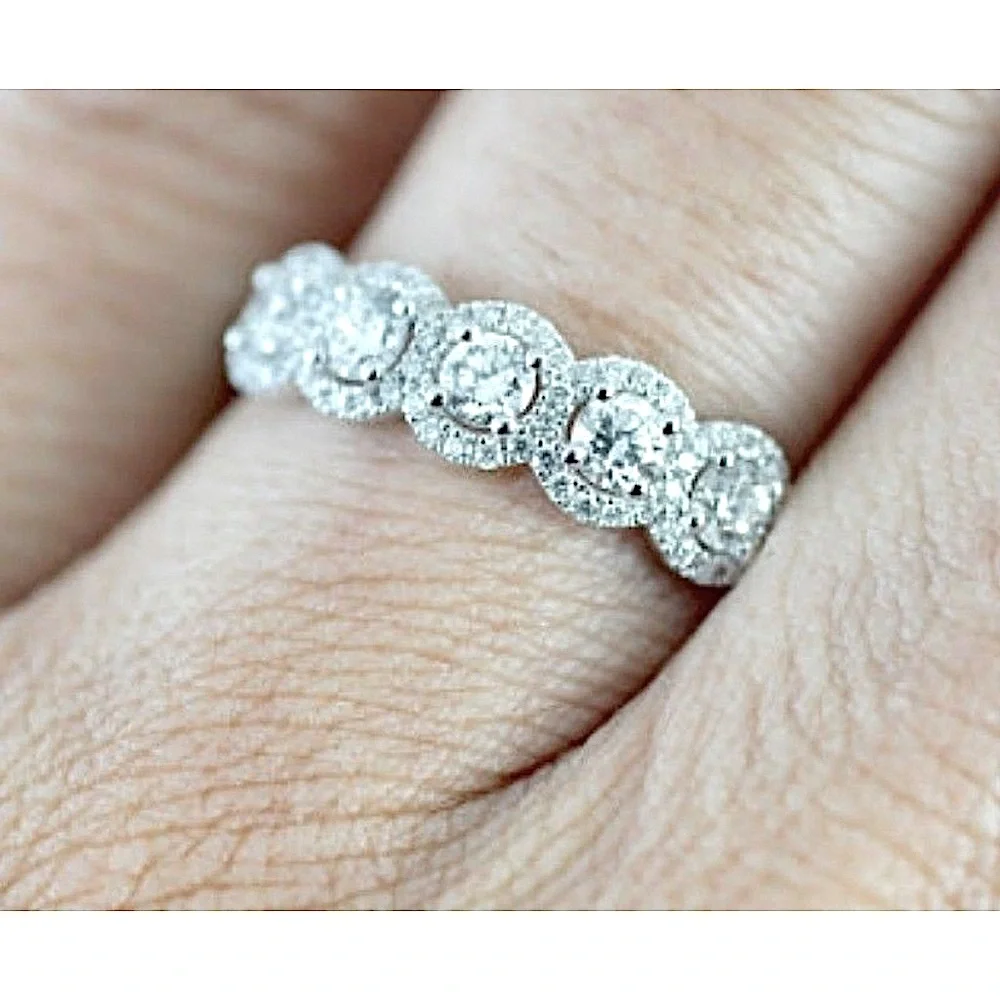 5‎ Stone Halo Simulated Diamond Ring | Platinum Plated Sterling Silver